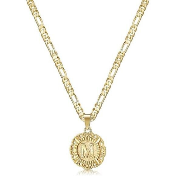 Gold Initial Pendant Necklace Figaro Chain A to Z Monogram Letter Jewelry - Picture 7 of 7